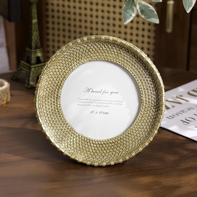 Cuspin Round Picture Frame 4x4 Vintage Gold Frames, Rattan Textured - Image 4