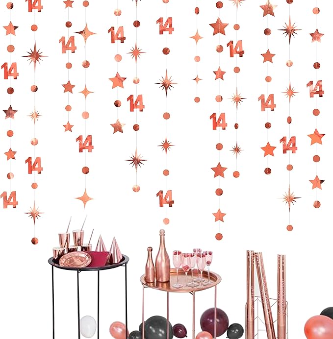 52Ft Rose Gold 14th Birthday Decorations Number 14 Circle Dot Star Garland by pinkblume