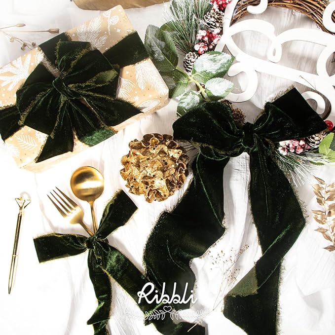 Ribbli Dark Moss Velvet Ribbon 1.5 Inch Handmade Frayed Vintage Christmas Ribbon - Image 4
