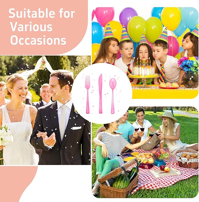 WDF 180 Pieces Pink Plastic Silverware Disposable - Image 3