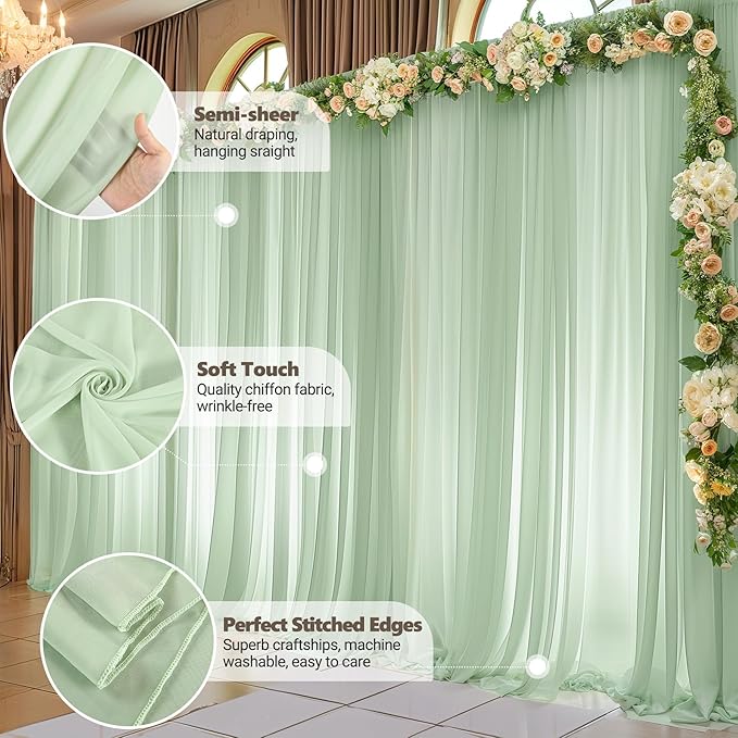 10ft x 10ft Sage Green Backdrop Curtains, Wrinkle-Free Sheer Chiffon Fabric - Image 6