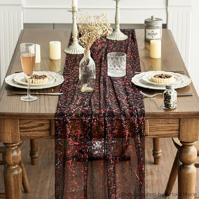 Artoid Mode 3PCS Black Red Gold Gauze Table Runner 120 Inch 10FT, Glitter - Image 2