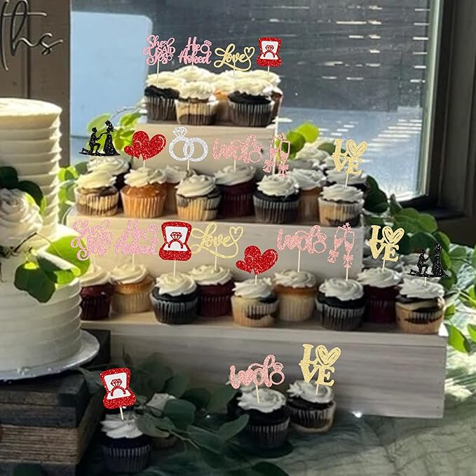 Ephlyn 30Pcs He Asked She Said Yes Cupcake Toppers Glitter Engagement Cupcake - Image 5
