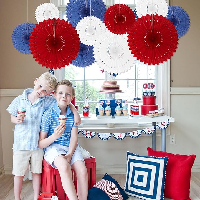 18 Pcs Red White Blue Hanging Paper Fan, Hanging Honeycomb Round Paper Fans - Image 6