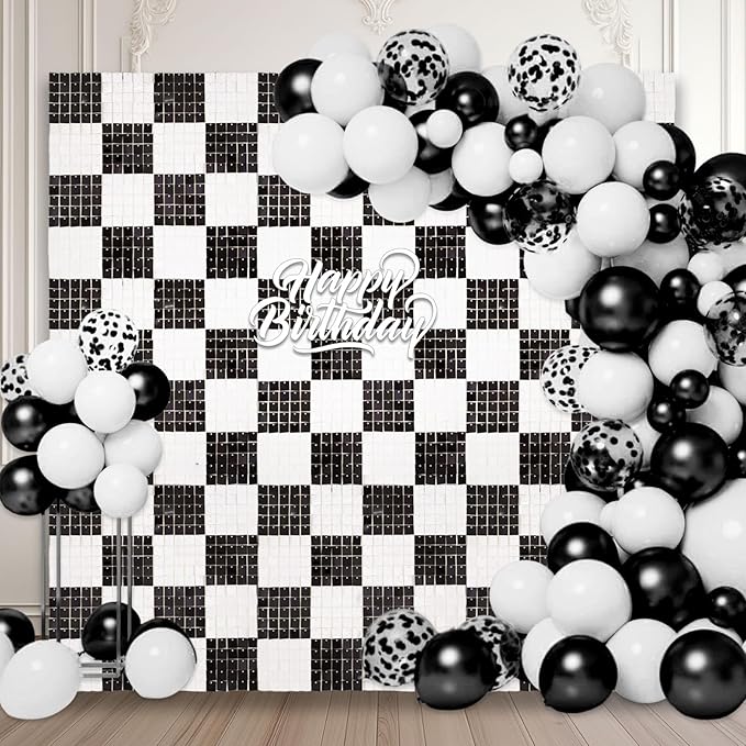 24PCS Black White Shimmer Wall Backdrop, Square Sequin Photo Backdrops Panel by ZEBMOON