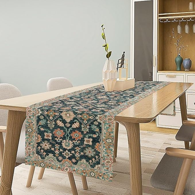 Vintage Boho Floral Table Runner, Rustic Country Farmhouse Blue Teal Red - Image 3