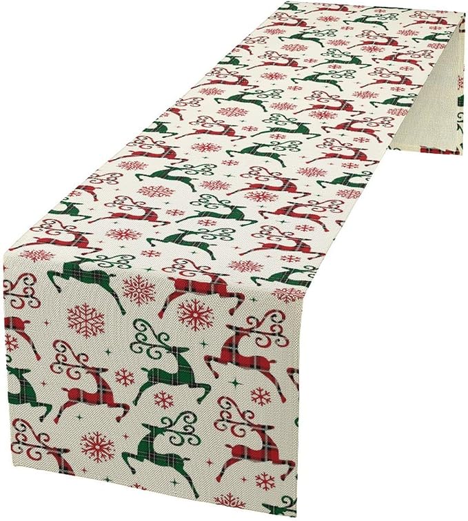 Christmas Table Runner, Christmas Plaid Deer Print Farmhouse Table Cloth by Unknown