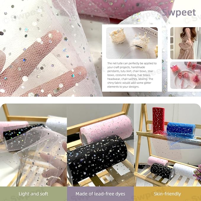 Swpeet 6 Inch by 50 Yards White Glitter Tulle Fabric Roll, Fabric Spool - Image 6