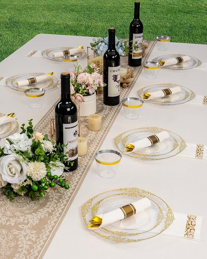 Goodluck 350 Piece Clear Gold Plastic Dinnerware Set - Image 5