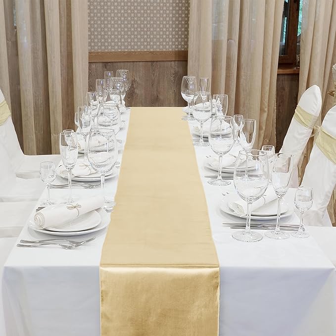 Aneco 12 Pack Satin Table Runner 12 x 108 Inch Champagne Long Wedding Satin - Image 4