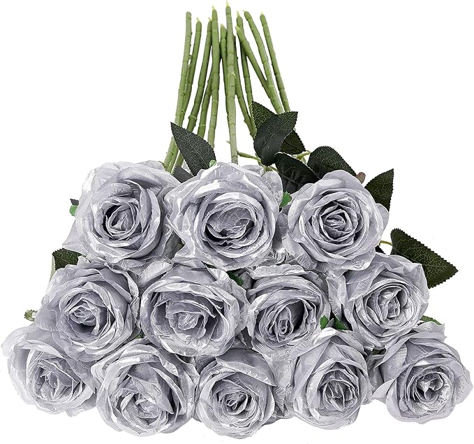 Tifuly Silver Roses Artificial Flowers -12Pcs Realistic Single Long Stem Fake by Tifuly