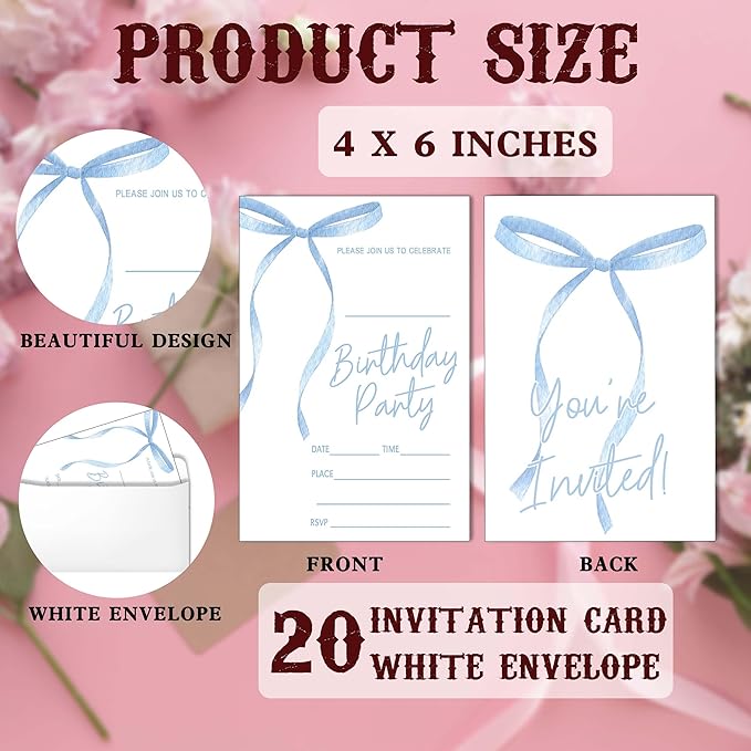 SIXEIGHT Blue Bow Birthday Invitations Blue Ribbon Bow Birthday Party - Image 2