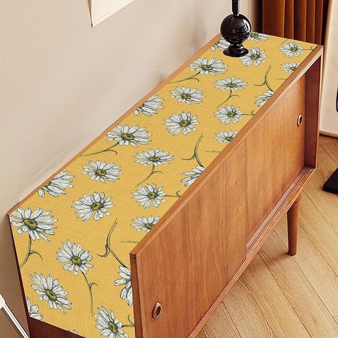 Daisy Floral Table Runner, Farmhouse Spring Seasonal Summer Teal Green White - Image 2