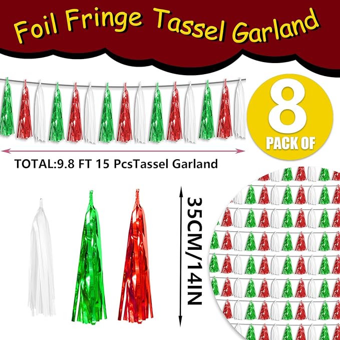 8P Red Green White Foil Fringe Metallic Tassel Streamers Banner Tassel Garland - Image 2