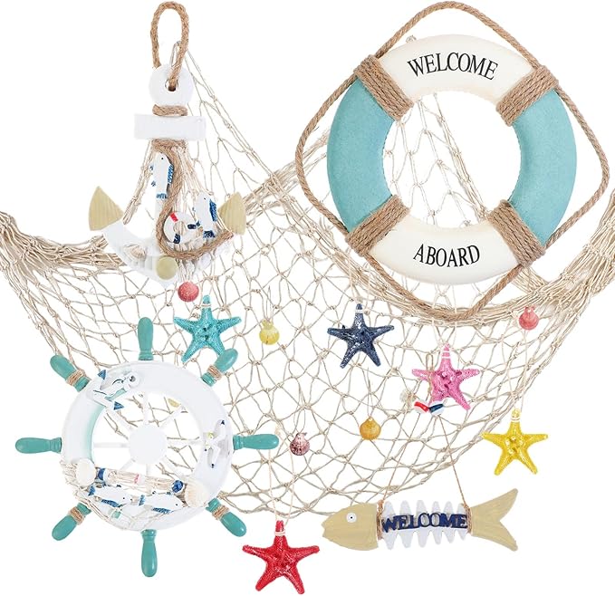 11 Pcs Wooden Nautical Wall Decor Fishing Net Decorations, Include Decorative by Marsui