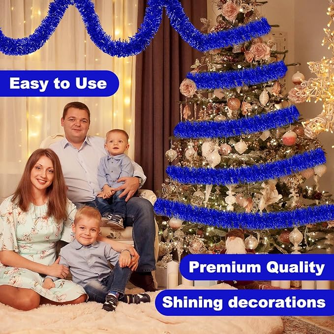 50 Feet Blue Christmas Tinsel Garland, Metallic Foil Twist Banner Wall Hanging - Image 4