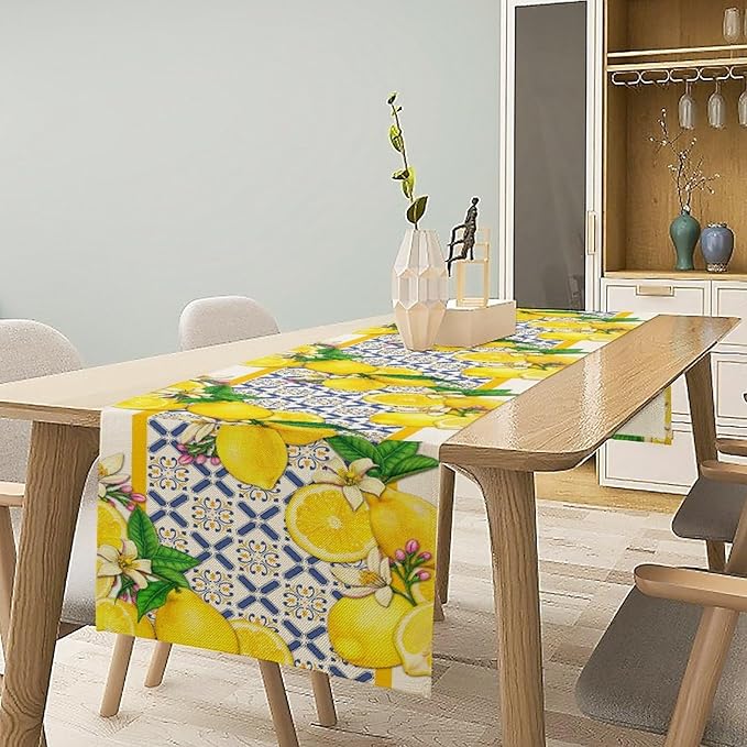 Lemon Table Runner, Spring Summer Seasonal Yellow Blue Table Runner - Image 2