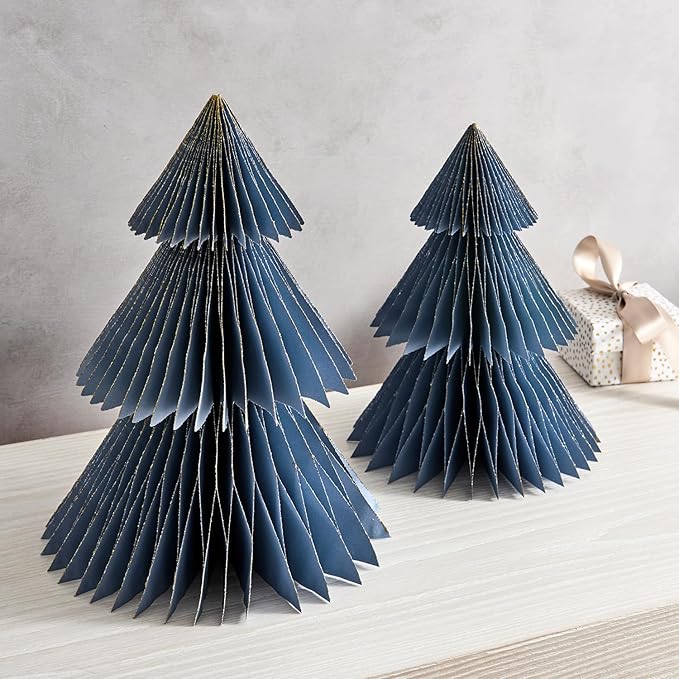 LampLust Winter Ornaments, 2 Pack Dusty Blue Honeycomb Paper Trees, 10 & 12 in - Image 7