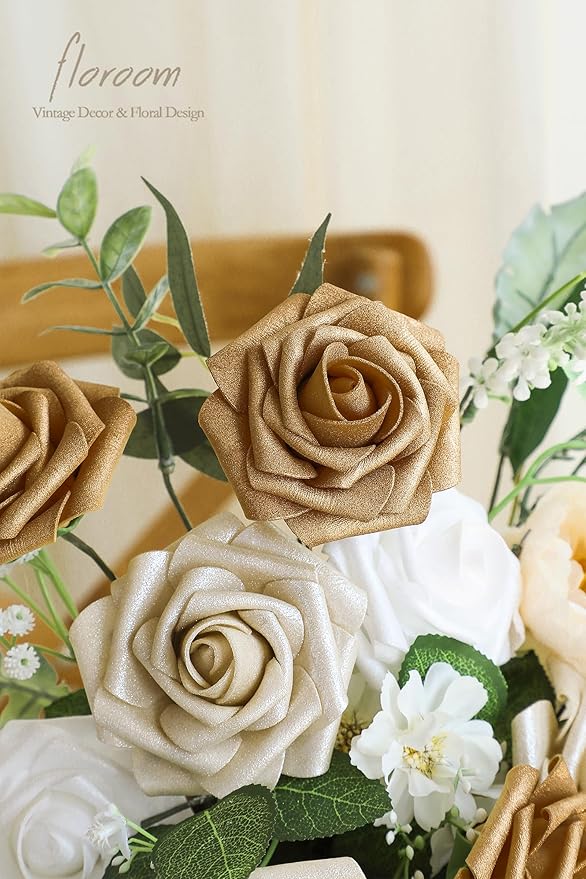 Floroom Artificial Flowers 25pcs Real Looking Gold & Champagne Gold Foam Fake - Image 3
