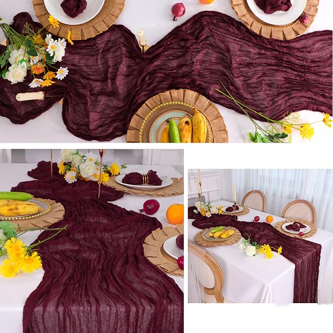 Snowkingdom 10 Ft Burgundy Red Fall Thanksgiving Cheesecloth Table Runner - Image 4