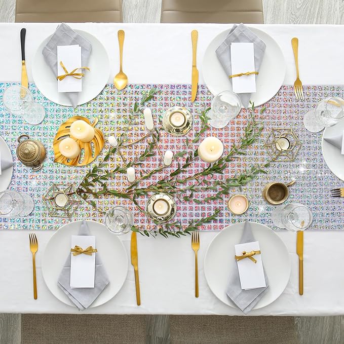 Durony 2 Pack Disco Table Runner 11 x 108 Inch Mirror Silver Laser Glitter Foil - Image 6