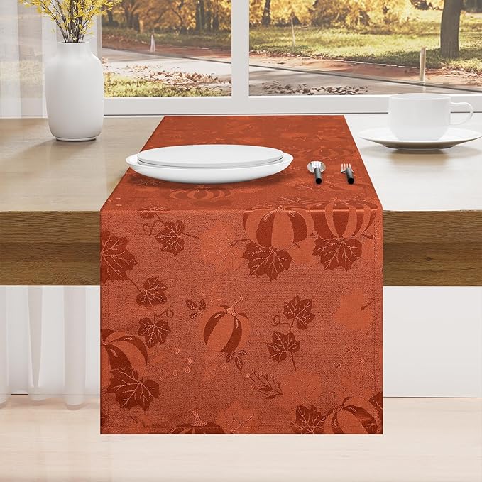 Smiry Thanksgiving Table Runner, 13x72 Inch Waterproof Fabric Damask Table - Image 2