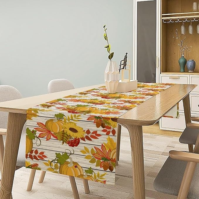 Autumn Table Runner, Seasonal Pumpkins Thanksgiving Kitchen Dining Table - Image 2