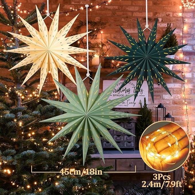 3Pcs 14-Pointed 18 Inch Paper Star Decorations Christmas Party Decorations Sage - Image 2