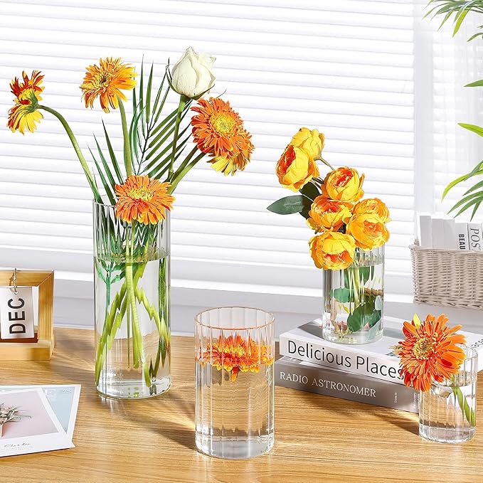 3 Pack Ribbed Glass Cylinder Vases 4, 10 Inch Tall Clear Flower Vase Hurricane - Image 7