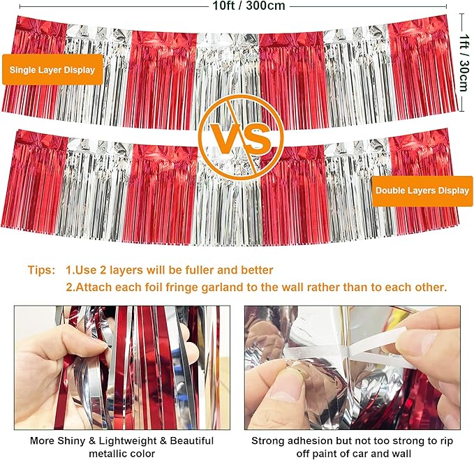 4 Pack 10 Feet Red Silver Foil Fringe Garland Metallic Tinsel Streamers Banner - Image 3