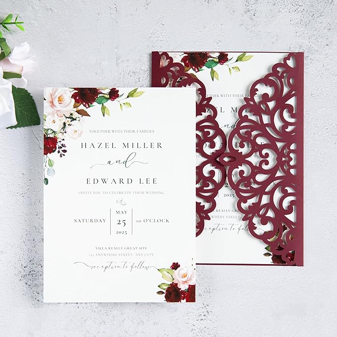 20Pcs Burgundy Laser Cut Invitation Cards - Image 5
