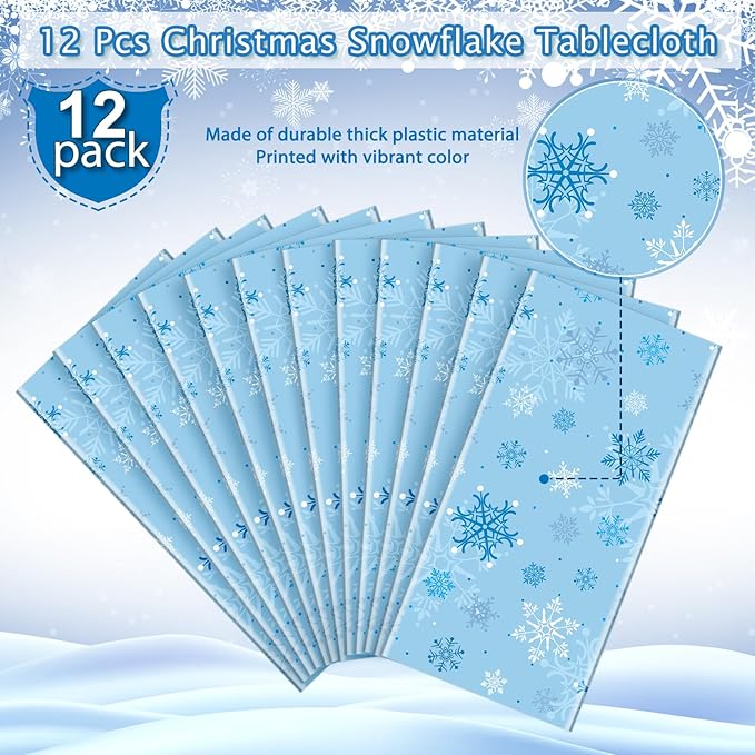 12 Pieces Christmas Snowflake Party Tablecloth Decorations, Plastic Ice Blue - Image 4