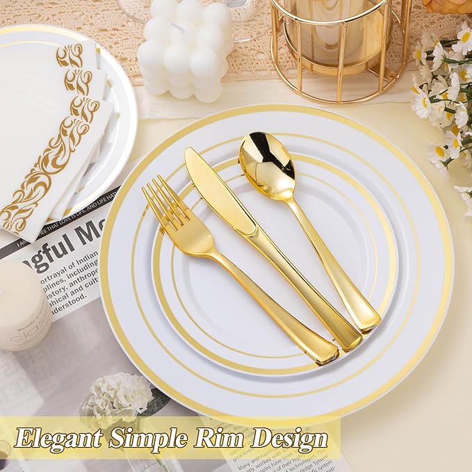 200PCS Gold Plastic Plates Set, 100 10.25 inch Dinner Plate and 100 7.5 inch - Image 5