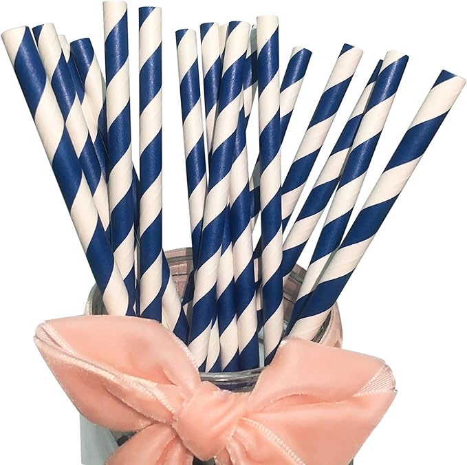 Navy Blue Striped Paper Drinking Straws, Disposable Swirl Retro Navy Stripes by BOFAEcoTableware