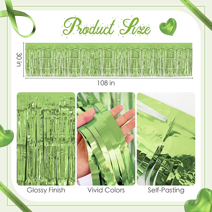1 Pack Light Green Table Skirts, 29x108" Metallic Foil Tinsel Fringe Table - Image 3