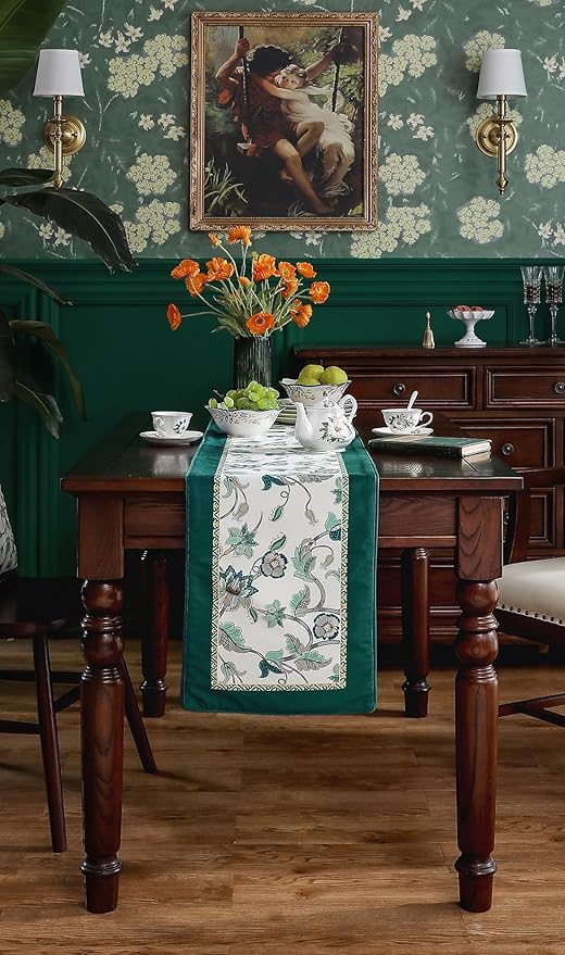 patdrea Designer Elegant French Floral Velvet Table Runner, Teal - Image 3