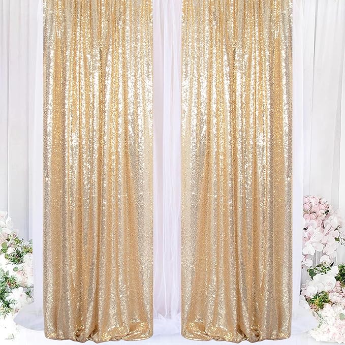 ShinyBeauty Sequin Backdrops 4 Panels Light Gold Sequin Curtains Photo Backdrop - Image 3