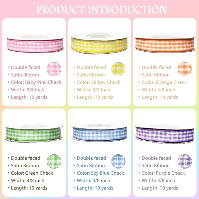 3/8" 6 Colors X 10 Yards Light Rainbow Check Satin Ribbon, 60 Yards Assorted - Image 3