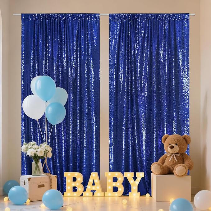 SquarePie Sequin Backdrop Curtain 8FT x 10FT Navy Blue Satin Backing Fabric - Image 3