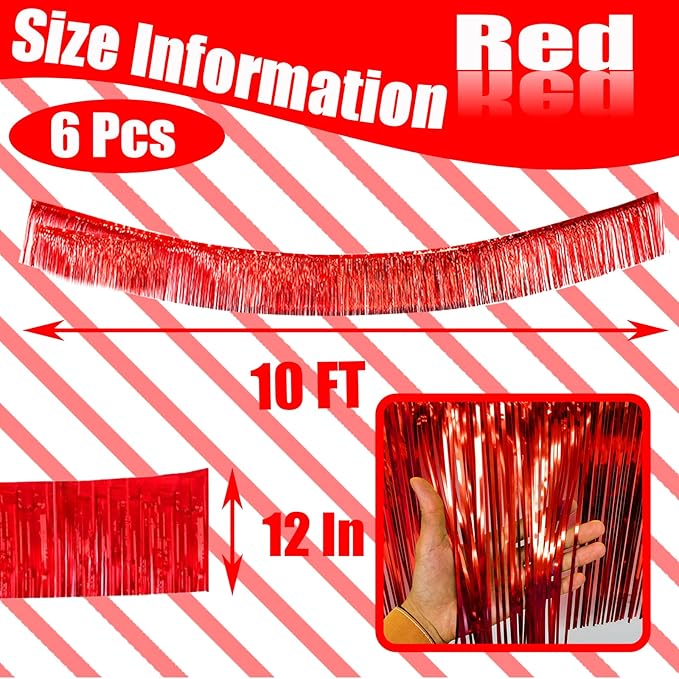 6 Pack 10 Feet Red Foil Fringe Garland Metallic Tinsel Streamers Banner Wall - Image 2