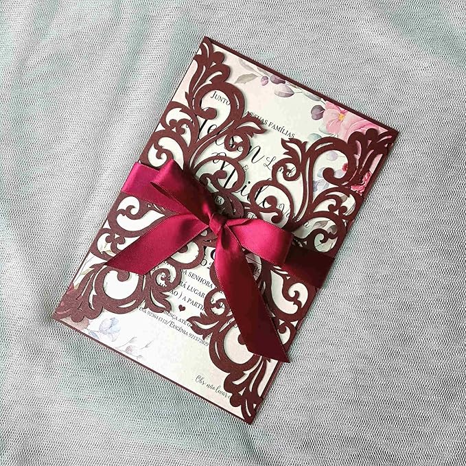25PCS Laser Cut Burgundy Wedding Invitations Cards - Image 2