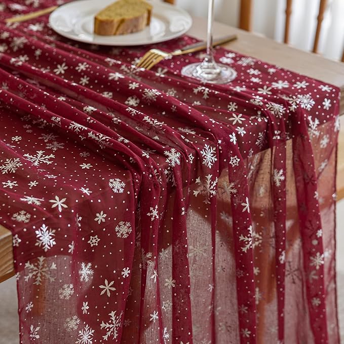 Silvery Snowflake Metallic Print Tulle Christmas Table Runner, Seasonal Winter - Image 4