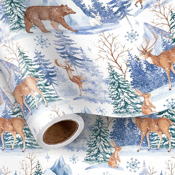 LeZakaa Christmas Wrapping Paper Roll, Winter Forest Animal Gift Wrap by LeZakaa