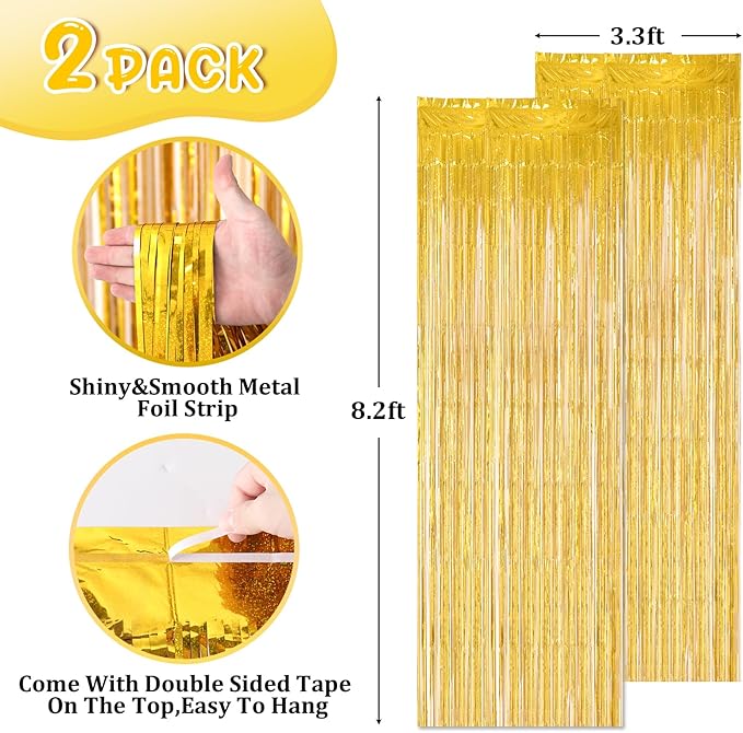 2 Pack Laser Gold Tinsel Foil Fringe Curtains, Metallic Tinsel Party Streamers - Image 2