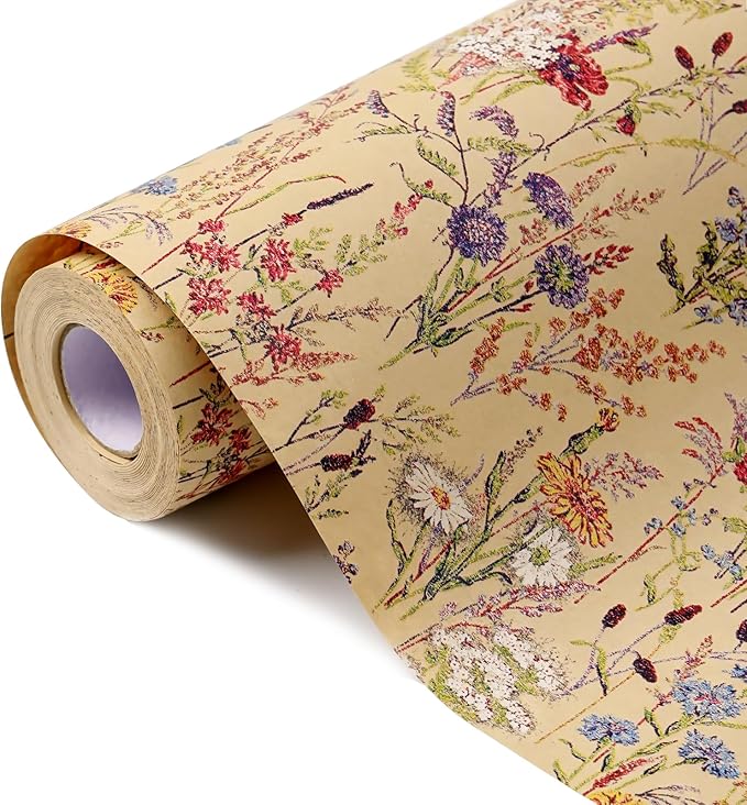Tyzarglef Wild Flower Wrapping Paper Roll, 17 Inches x 32.8 Feet Kraft Floral by Tyzarglef
