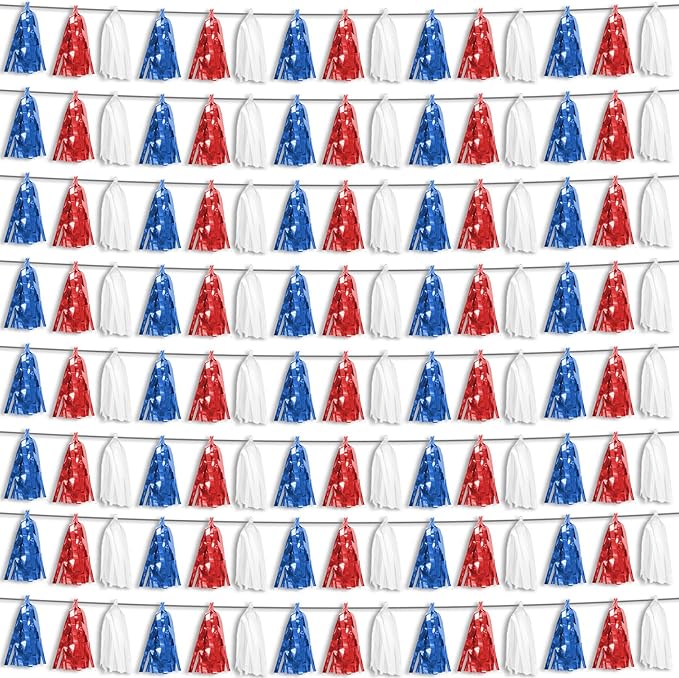8P Red Blue White Foil Fringe Metallic Tassel Streamers Banner Tassel Garland by HYSILLA