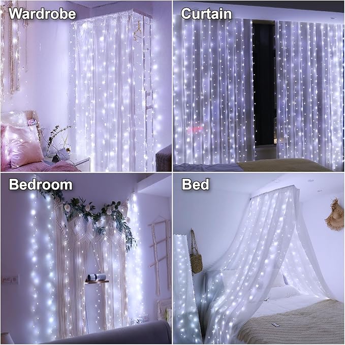 HXWEIYE 300LED Fairy Curtain Lights, 9.8x9.8Ft USB Plug-in 8 Modes Christmas - Image 6