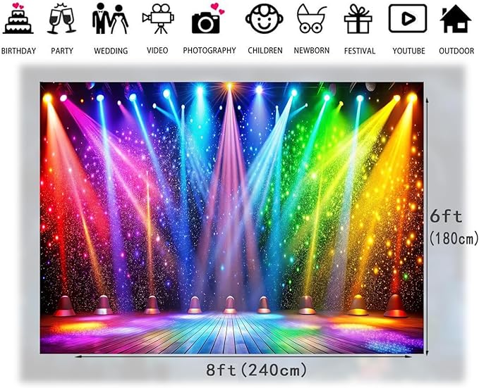 LTLYH 8x6ft Fabric Disco Rainbow Stage 70s 80s 90s Backdrop Vintage Lights - Image 6