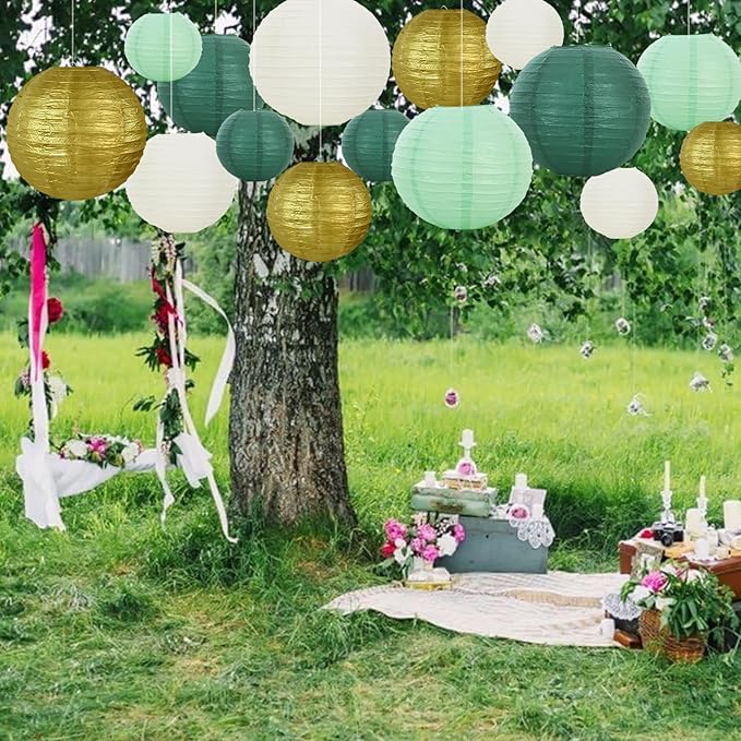 BEISHIDA 16 Pcs Sage Green Gold Paper Lanterns, Hanging Decorative Chinese - Image 5