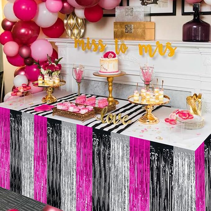 BEISHIDA 2 Pack Hot Pink Black Silver Table Skirts Party Decorations Metallic - Image 6